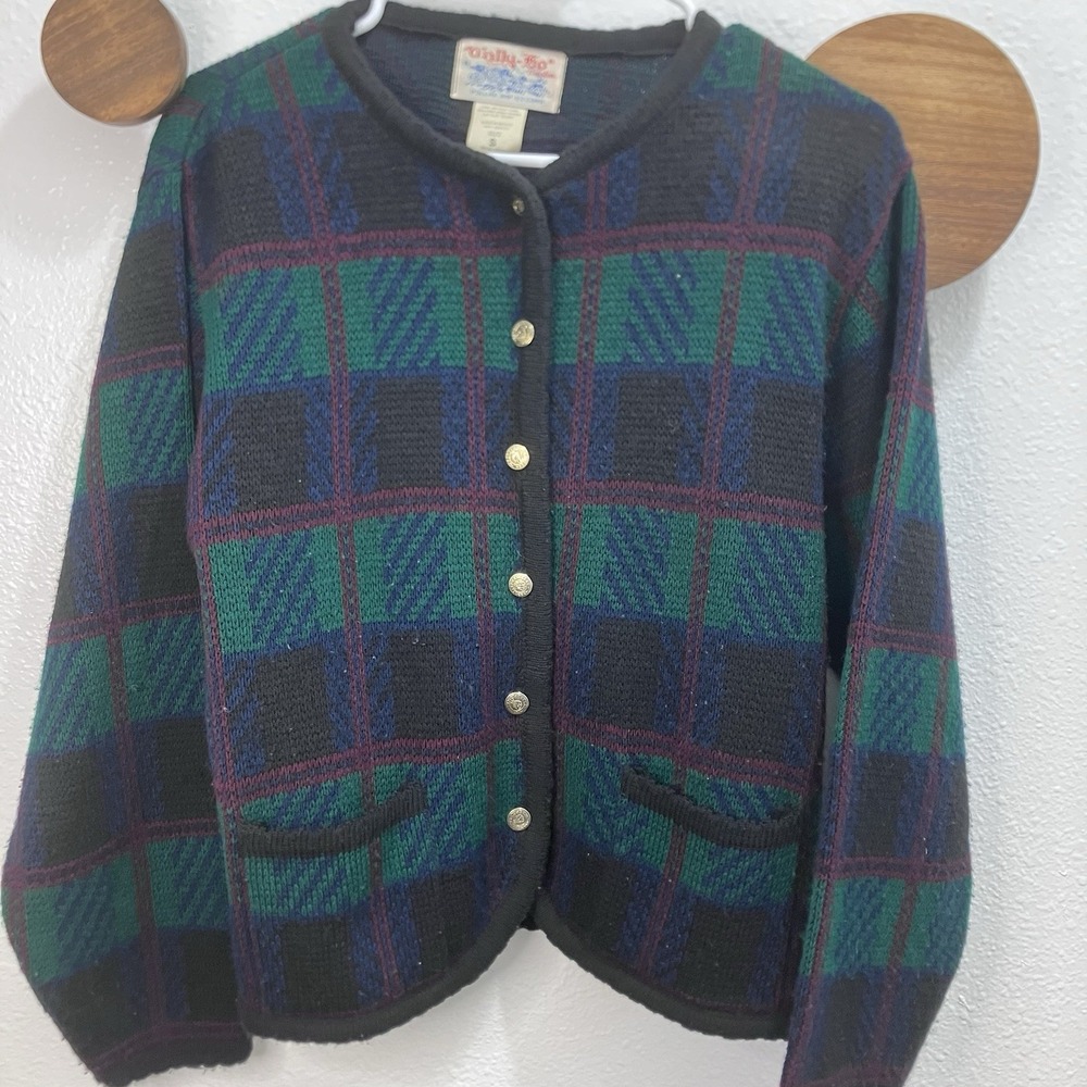 VTG Tally Ho Cardigan Womens S Preppy Gold Button Plaid Sweater Shoulderpads 90s